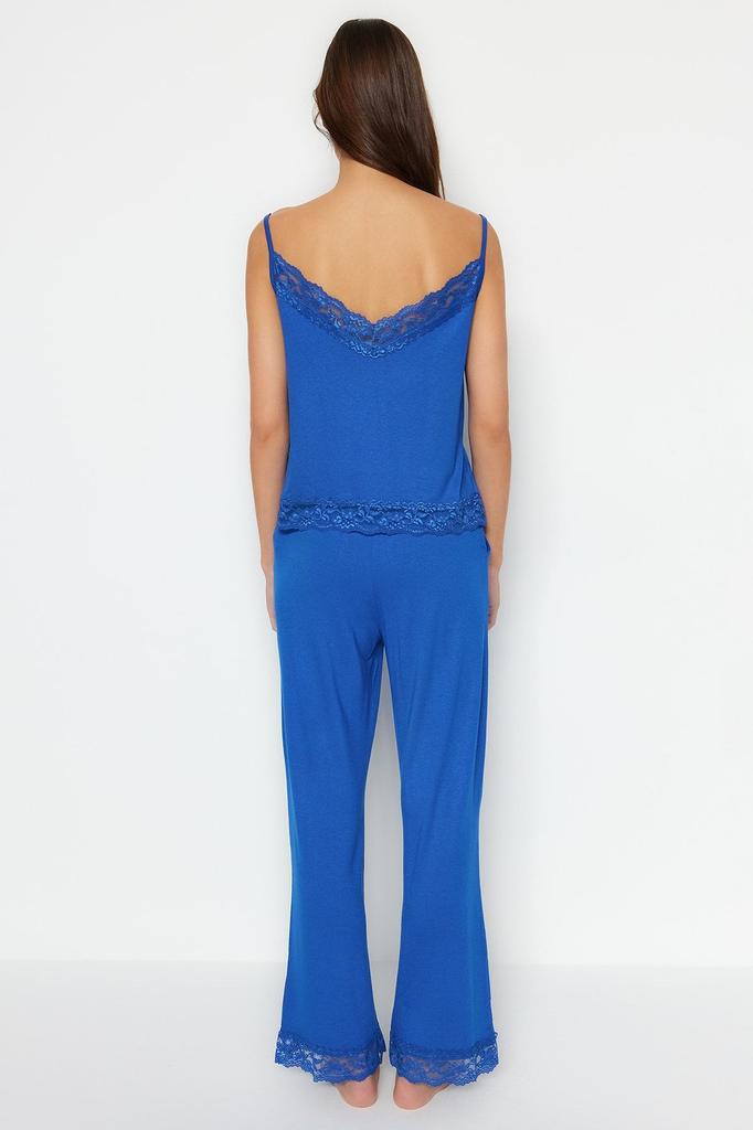 Women's Fashion Blue Lace and Ribbon Bow Detailed Viscose Knitted Pajama Set with Rope Strap