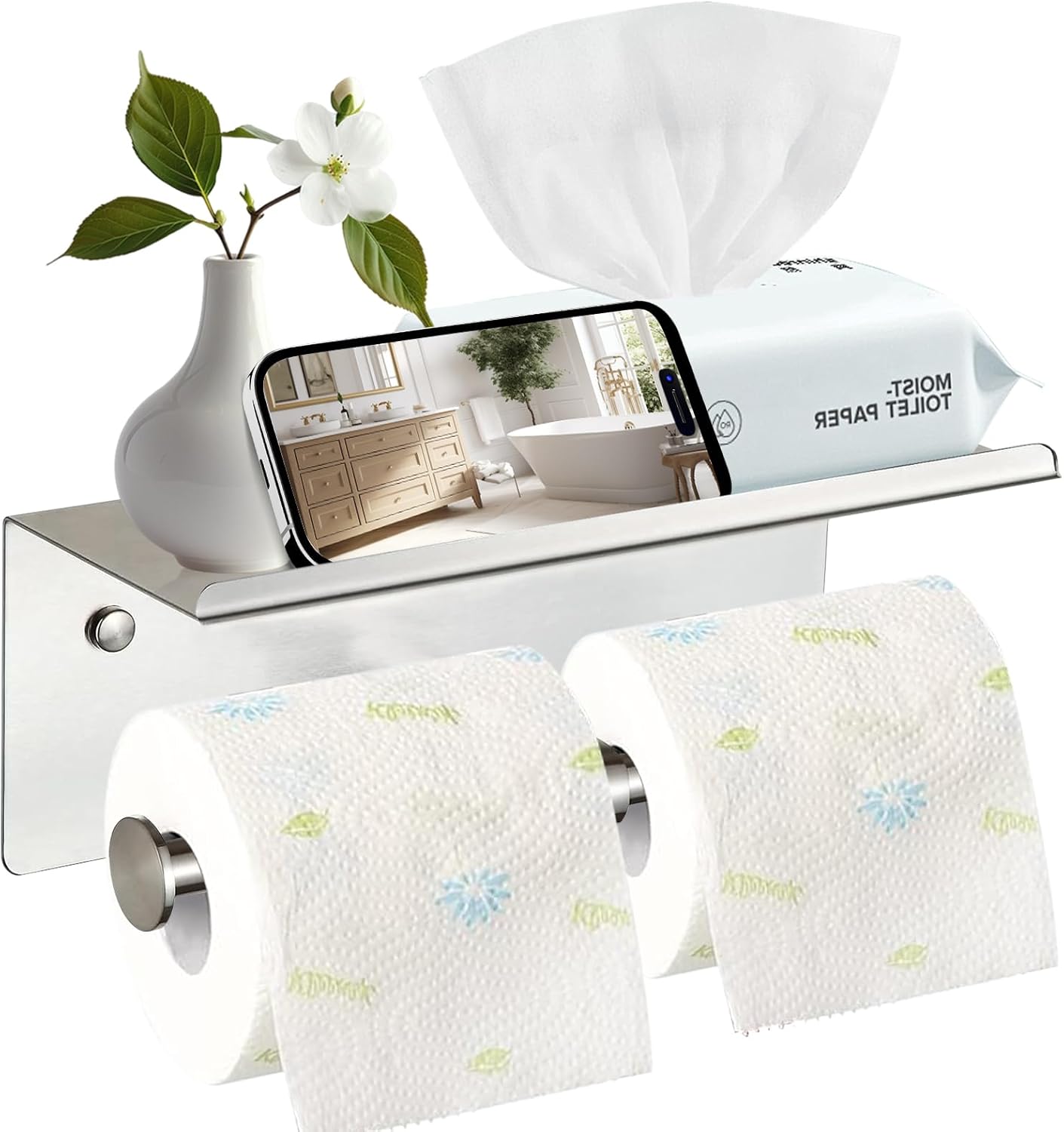 

Toilet Paper Holder with Shelf Wall Mounted Toilet Paper Storage Organizer Stainless Steel Double Roll Tissue Holder Dispenser серебряный