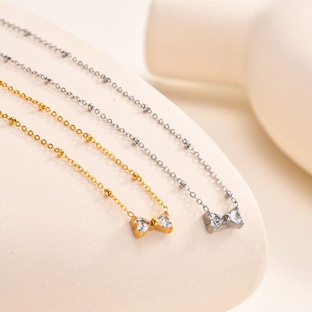 Stainless Steel Bead Chain Zircon Bow Necklace,Brilliant Cubic Zirconia Bow Pendant Necklace for Bridal Wedding Accessories