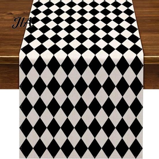 Washable Rectangular Desk Runner Modern Geometric Table Runner, Black And White Checkered Stylish Pattern 72 Inch Striped for Dining Decor Easy Care