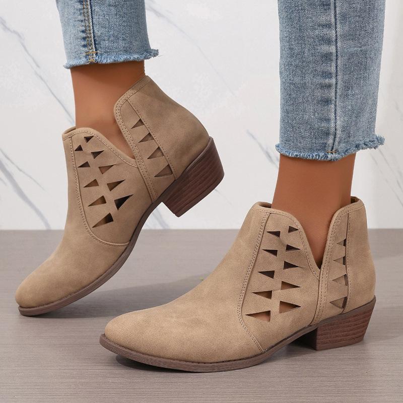 New hollow thick heel round head low top new vacation daily ankle boots