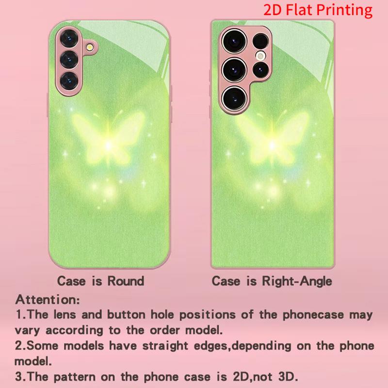 2DFlat Samsung electroplated tempered glass phone case,Glowing Butterfly in Soft GreenSuitable for Galaxy S26 S23 S24FE S25ULTRA S22 S21