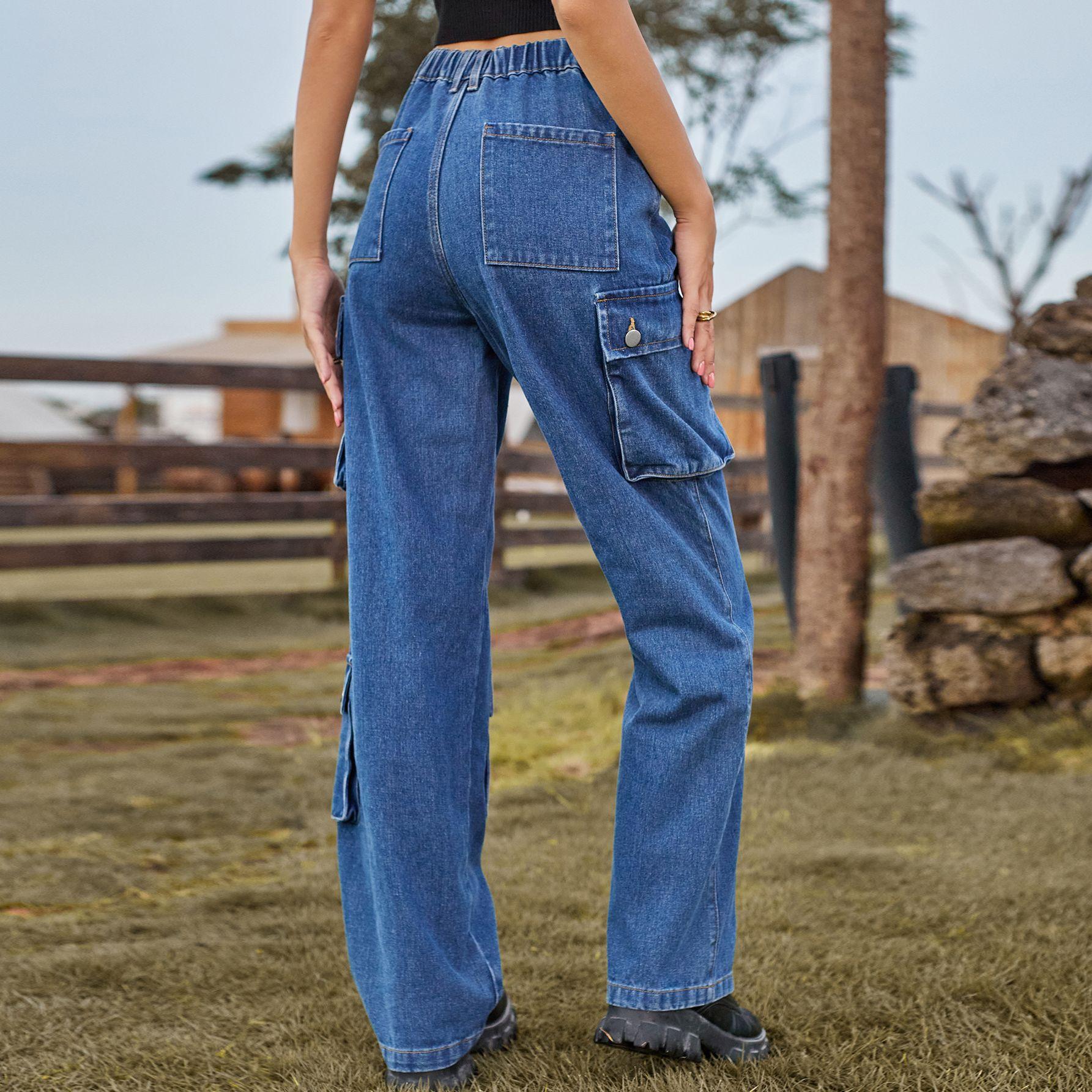 

GMXIA Denim Wash Multi-Pocket Design Cargo Long Брюки Повседневные Брюки Для Женщин S темно-синий