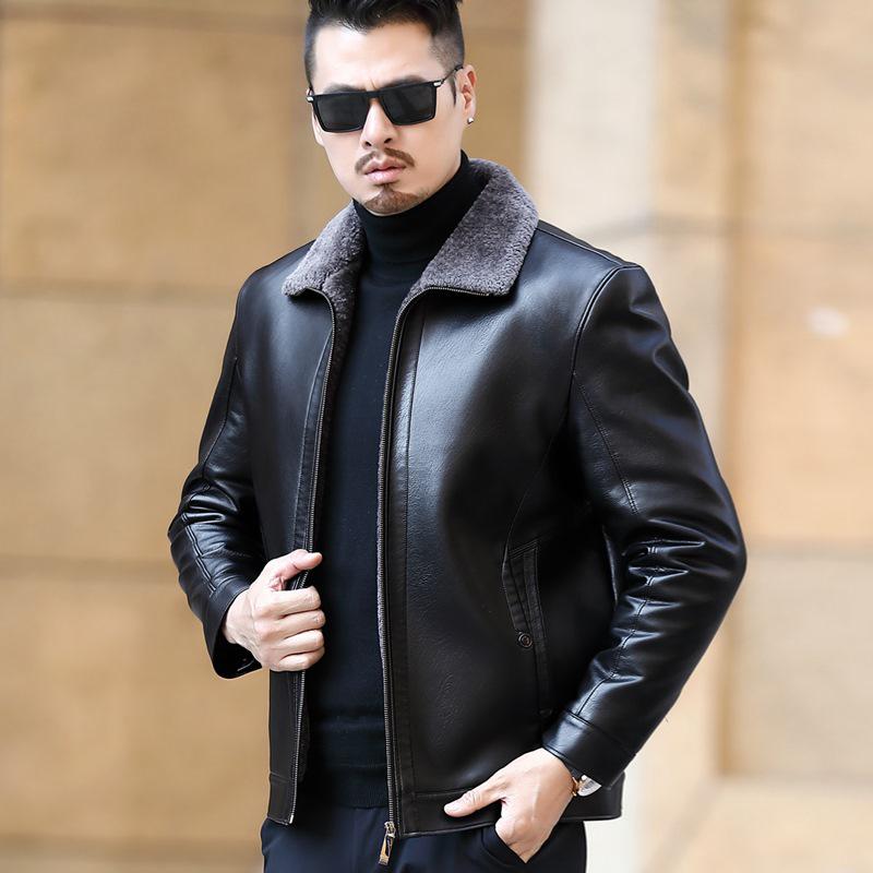 

Men s Lambskin Leather Jacket with Fur Lining - Casual Thickened Outerwear for Middle-Aged & Elderly XXL