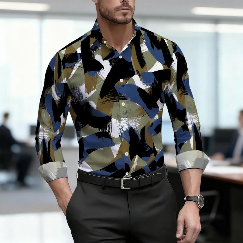 2026 Men s Geometric Printed Long Sleeved Shirt, Business Casual Slim Fit Fashionable High-quality Fabric Shirt S