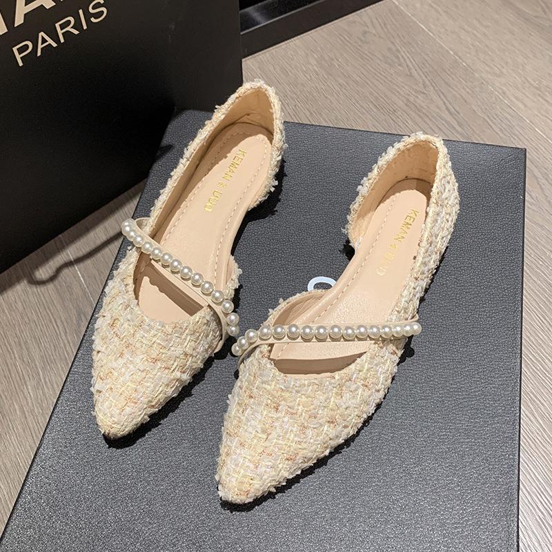 

Summer new single shoes female shallow mouth pointed head flat bottom side empty fairy evening breeze gentle temperament small fragrant wind women s 35
