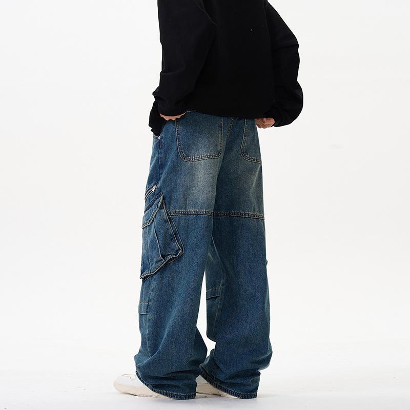 American Street Hip-hop Jeans Mens Multi-pocket Design Washable Zipper Wide-leg Pants