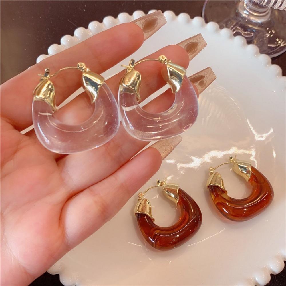 Personality Exaggeration Transparent and Red U-shape Hoop Earrings for Women Charm Amber Acrylic Dangle Zircon Accessory Gift