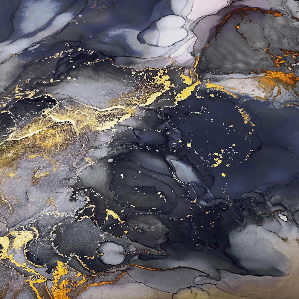 ~O~Nordic Light Luxury Marble Shower Curtain - Blue Gray & Gold Abstract Floral, Polyester, Modern Bath Decor, Toilet Partition