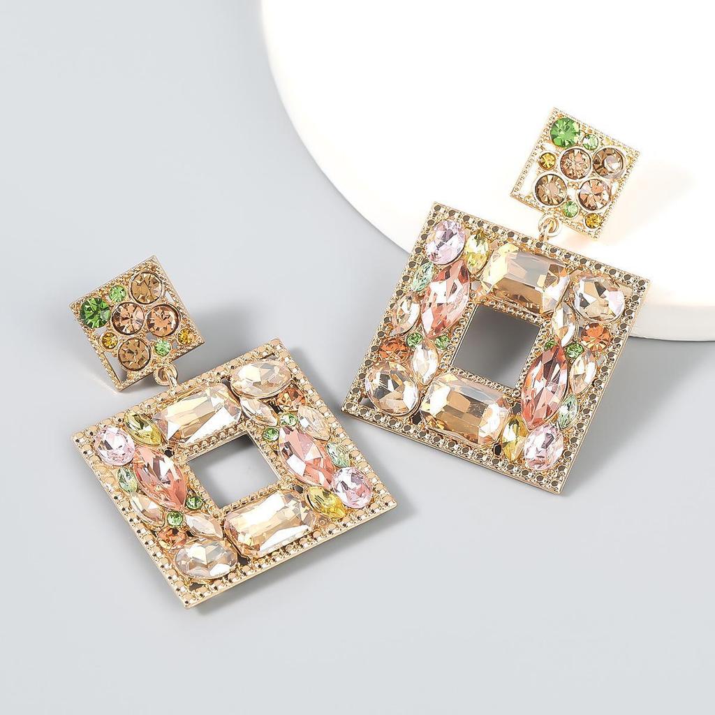 European & American Fashion Multilayer Colored Diamond Square Earrings