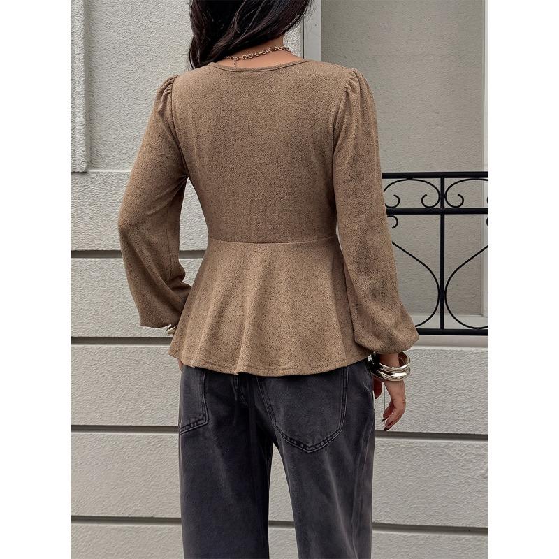 Plus Size V Neck Long Sleeve A Line Knit Top Slimming Blouse