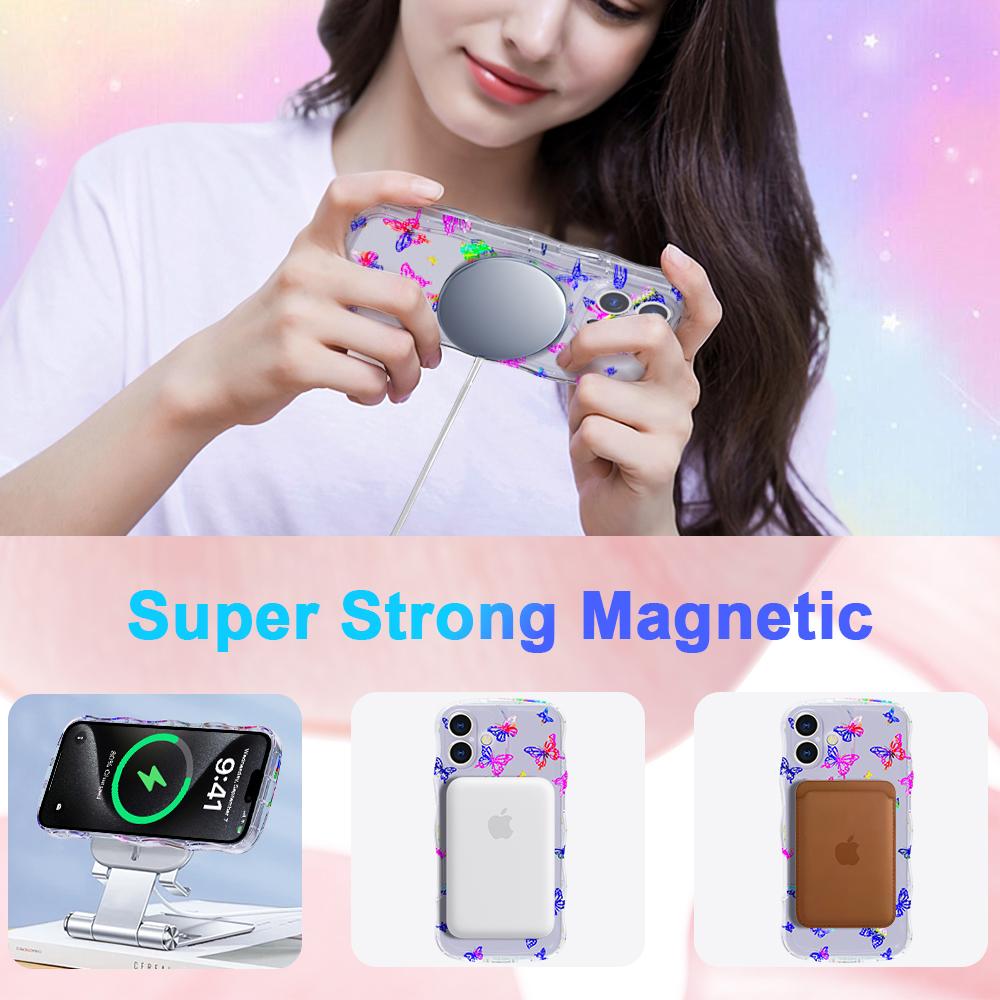 

For iPhone 16 Magnetic Case Wave Edge Glitter TPU Phone Back Cover Clear Blue