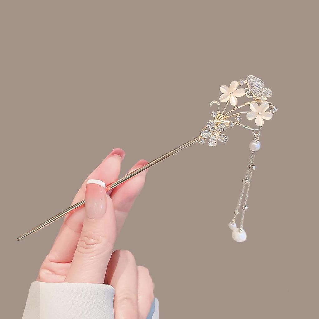 Four Seasons Chinese Tassel Hairpin: Ancient Style Hanfu with Fresh Pearl and Jiangnan Classical Cheongsam Hair Accessory