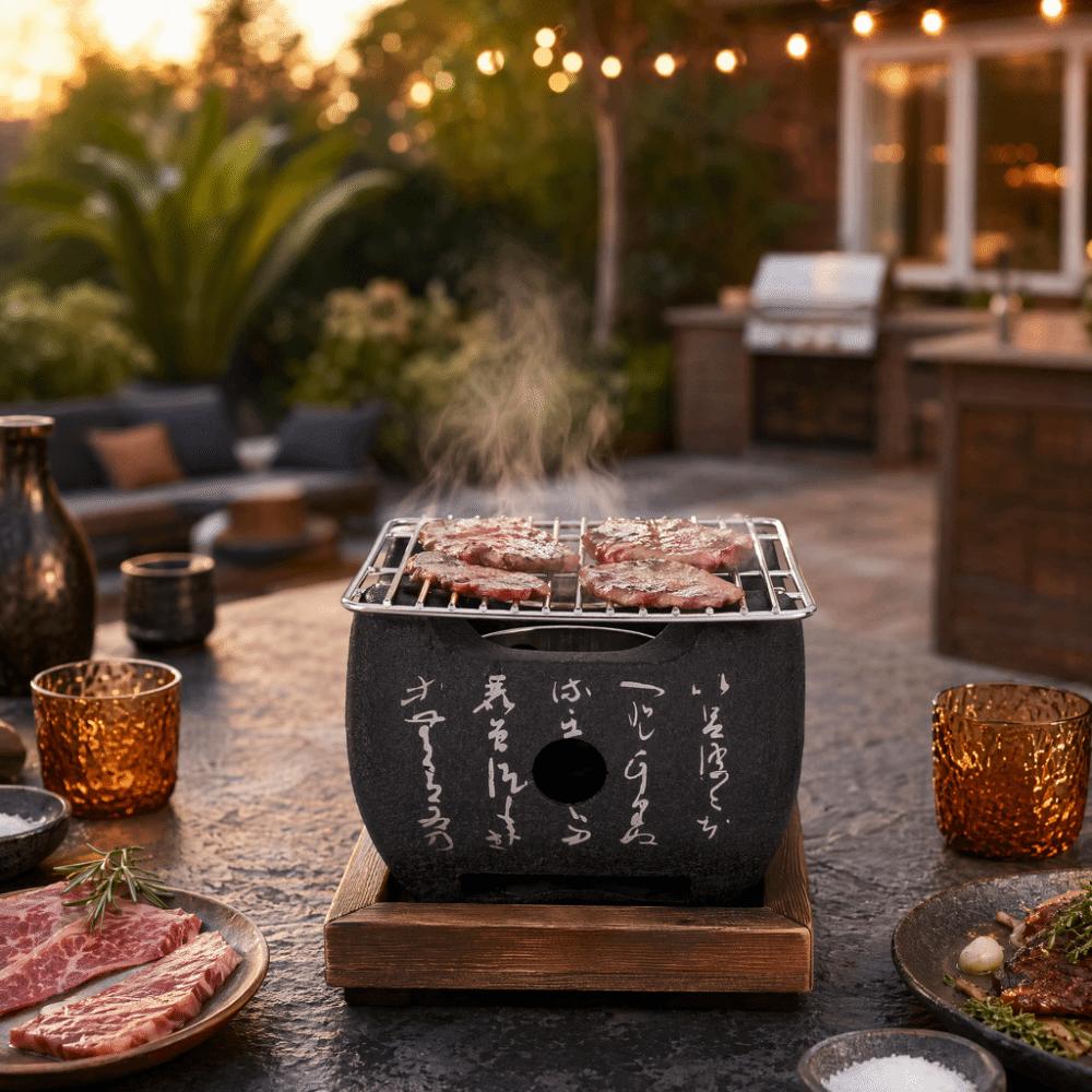 Gusseisen Hibachi Grill Schwarzer Tischgrill Tragbarer Japanischer Holzkohlegrill BBQ Kochen