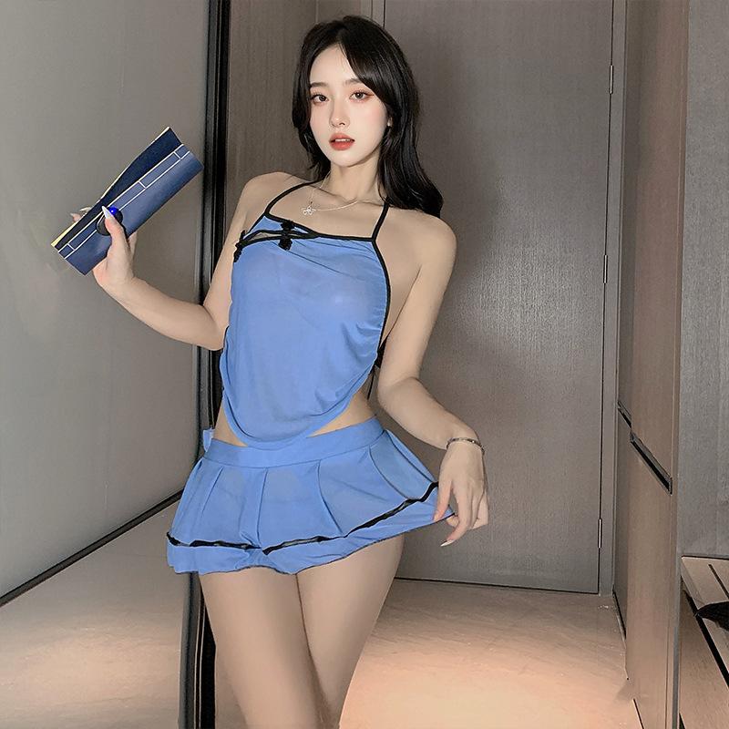 Beautiful lingerie women's style sexy belly pocket short skirt beautiful set mesh see-through clothing factory