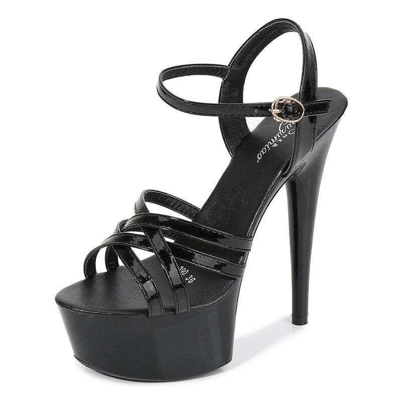 Catwalk Artifact Model High Heels Fine with Sexy Black Platform 15cm Heels Ultra-High-Heel Sandals