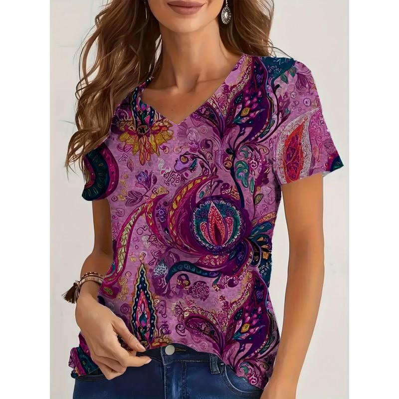 Womens V-Neck Loose Fit Short Sleeve T-Shirt With Floral Print Casual Top