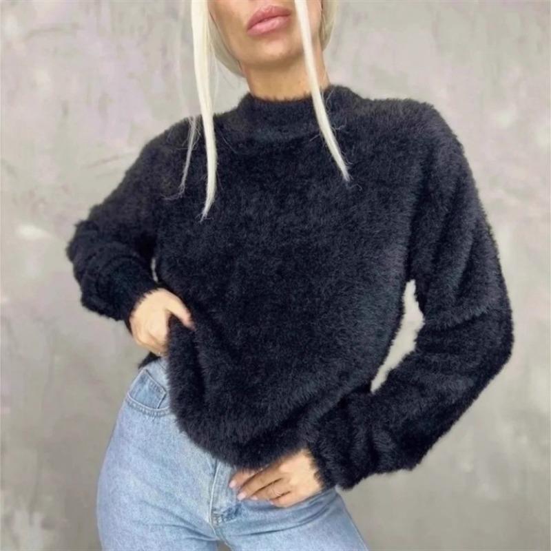 Autumn and winter new lazy wind round neck imitation mink long-sleeved pullover sweater women's loose thickened solid color soft waxy knitted sweater