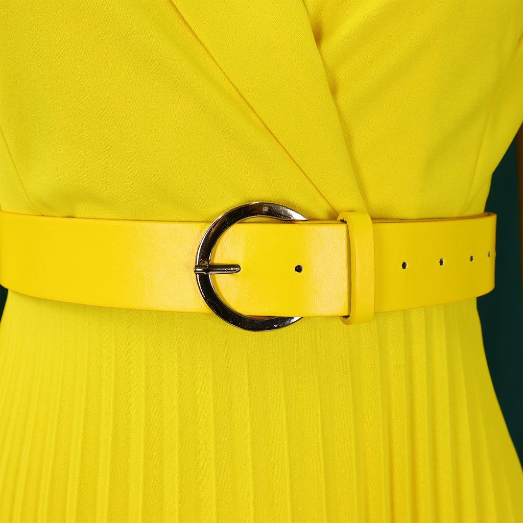 Women Fashion Pleated Dresses 2026 New Notched Collar Long Sleeve Mid Calf Belt Plus Size Dress