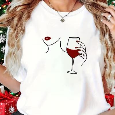 Camiseta Gráfica de Labios con Copa de Vino Elegante para Mujer Camiseta Minimalista con Dibujo Lineal Cuello Redondo Manga Corta Top para Fiesta