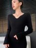 Women's Slimming Cashmere V-neck Sweater Set - Ribbed Wool Knit, Solid Color, Long Sleeve Base Layer