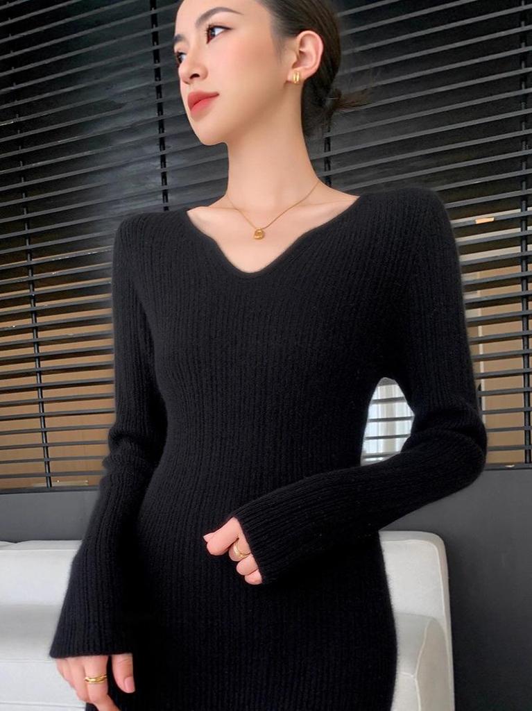 Women's Slimming Cashmere V-neck Sweater Set - Ribbed Wool Knit, Solid Color, Long Sleeve Base Layer