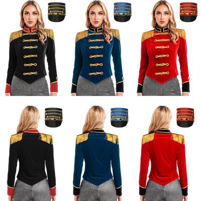 Women Circus Ringmaster Costume S-3XL Carnival Party Outfit Long Sleeve Stand Collar Fringe Jacket with Hat Full Set