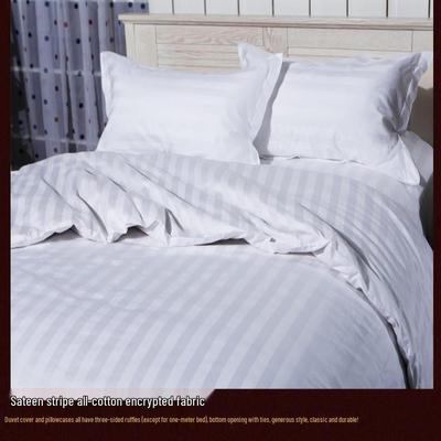 Housse de couette en satin de coton pur à rayures - Qualité hôtelière, entièrement blanche, 100% coton