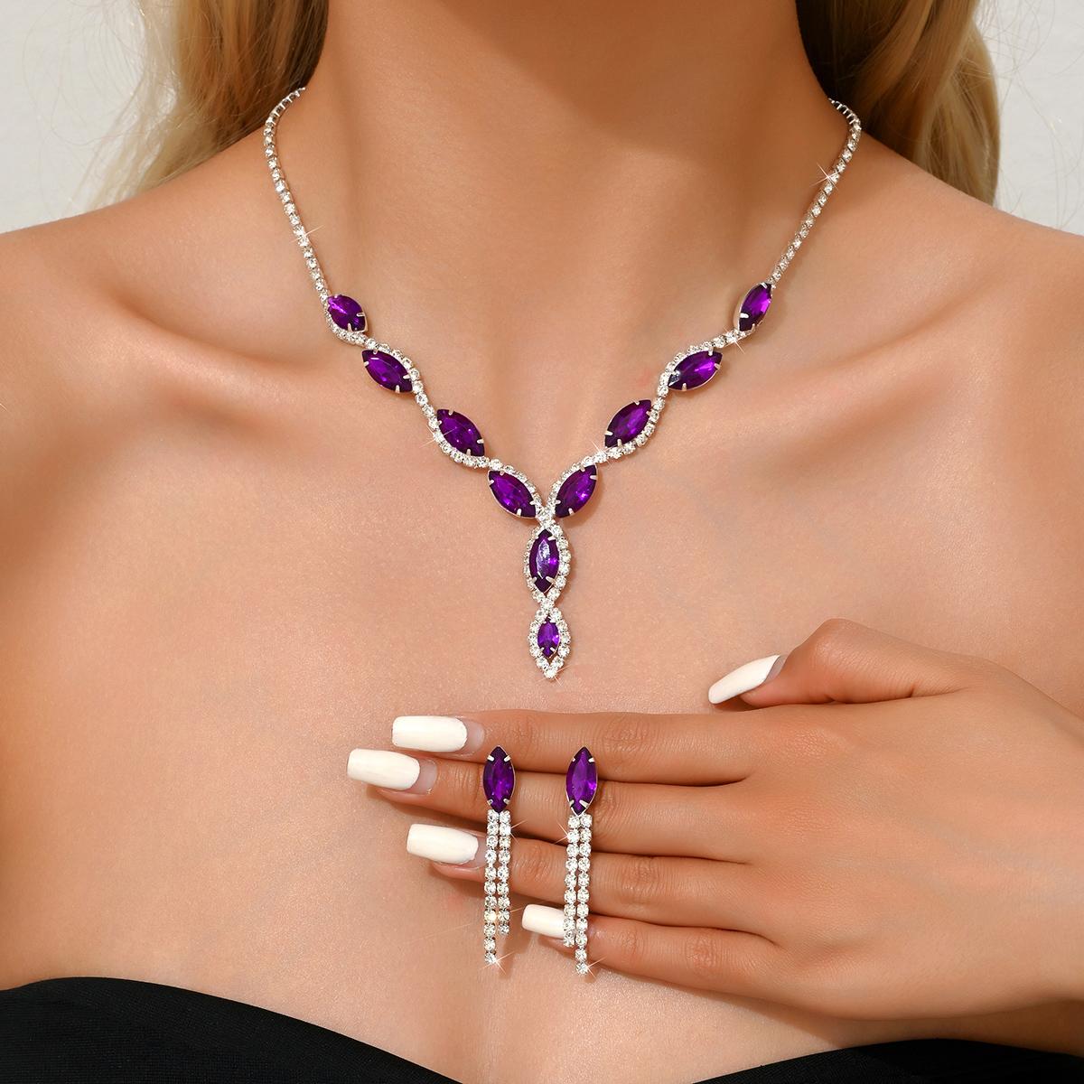 Elegant Purple Crystal Jewelry Sets for Women Crystal Rhinestones Necklace Earrings Bridal Wedding Party Jewelry Sets