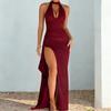 Deep V High Split Slim Neck Dress 2026 Solid Color Sexy Dress Long Dress