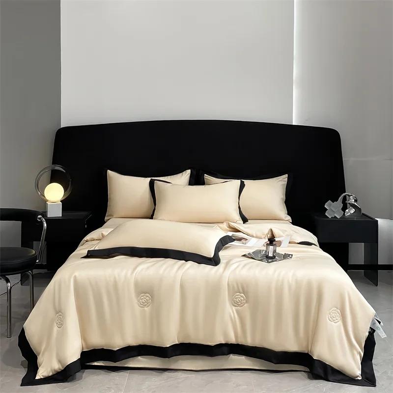 100% Washed Silk Quilt For Summer Embroidery Smooth Ice Cooling Bedspread Silky Blanket For Beds Luxury Summer Comforter For Bed
