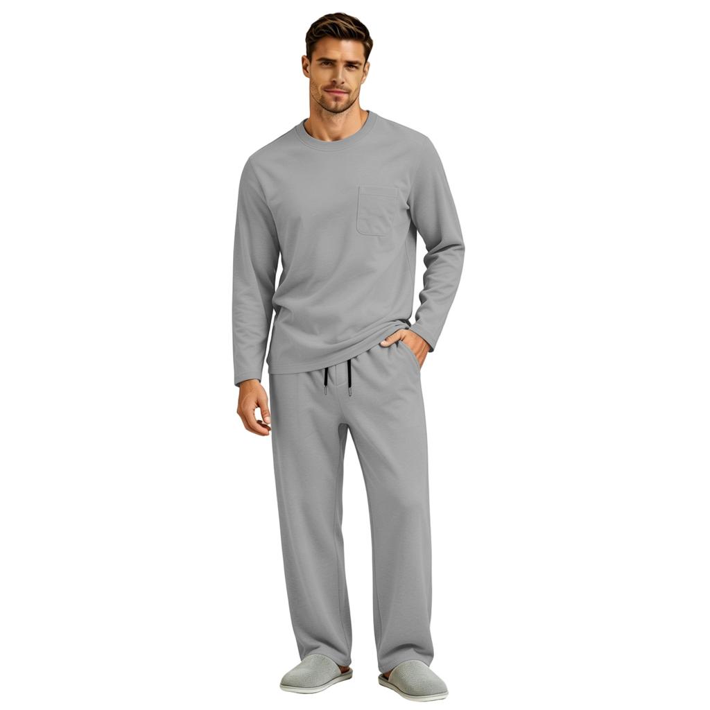 Men's Long Sleeve Pajama Set with Button Fly and Elastic Drawstring Waist for Sleep and