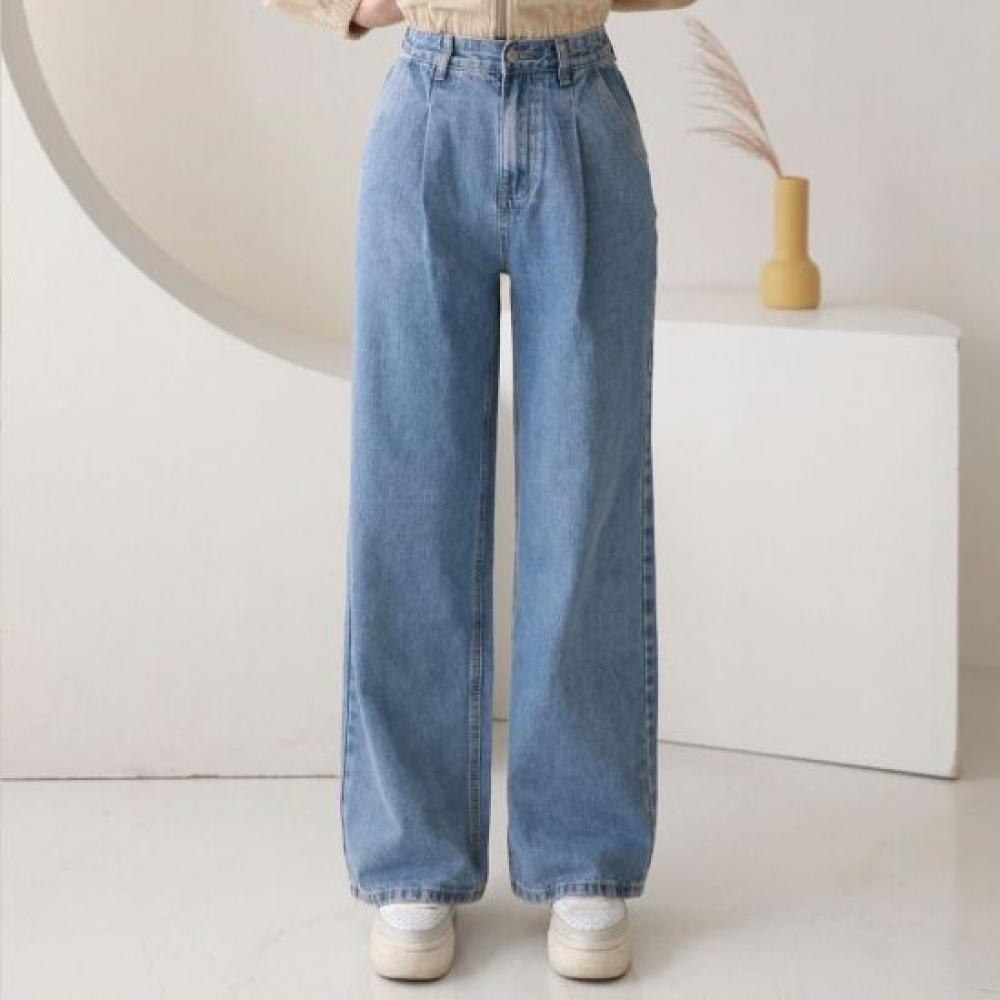 Mizqz Women No Cut 3 Length Pintuck High Waist Wide Denim Pants