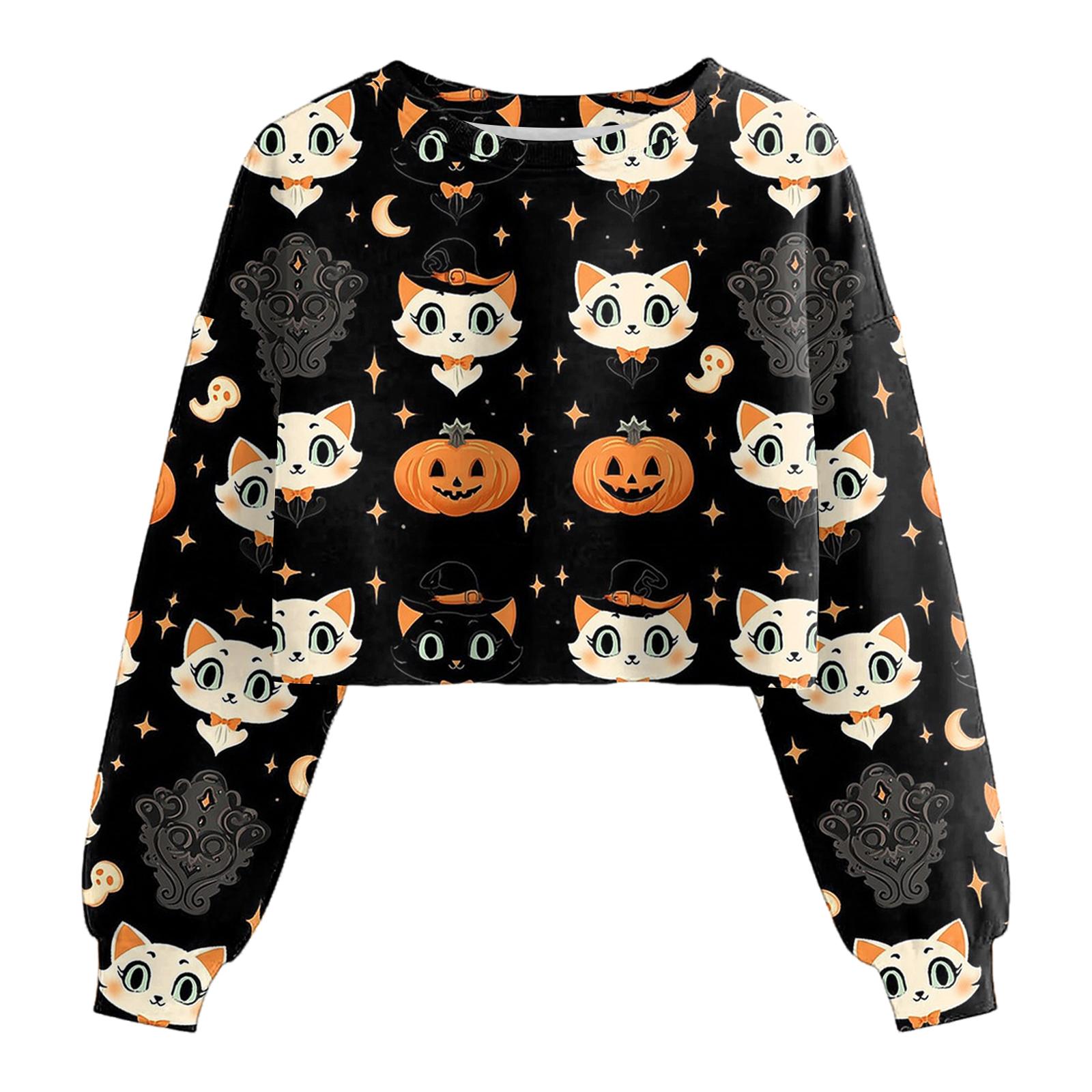 

Женский модный пуловер с длинным рукавом и принтом на Хэллоуин, открывающий живот M чёрный