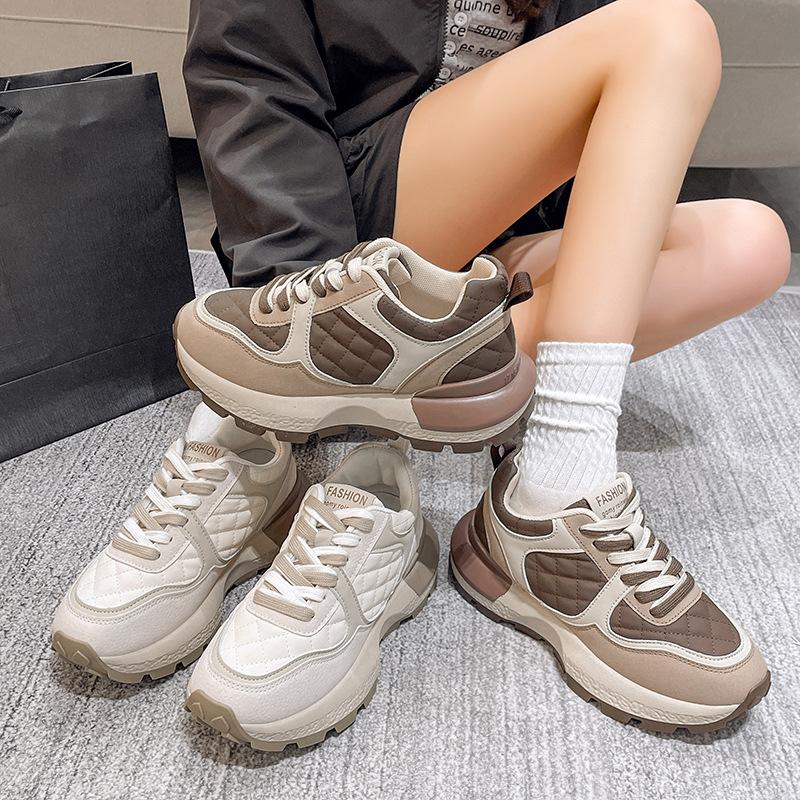 Platform Dad Shoes Autumn and Winter New plus Velvet Casual Shoes Sports Argan Women's Shoes Lace-up Trendy Women's Shoes
