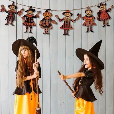 2 Pcs Halloween Vintage Bunting Banner Wooden Witch Pumpkin Scarecrow Hanging Banner Garland for Halloween Party Horror Home Wall Decor
