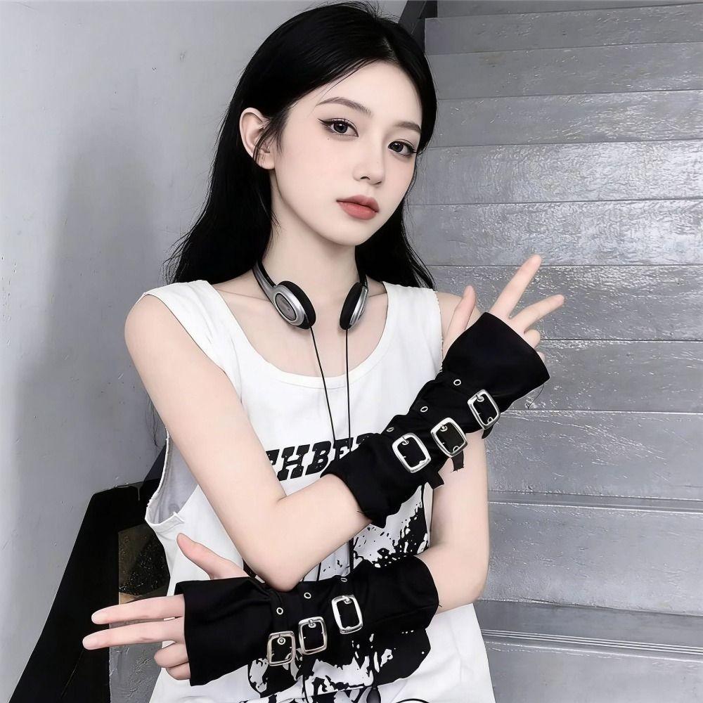 Black Punk Style Elbow Gloves Gothic Metal Button Gloves Cosplay Stage Performance