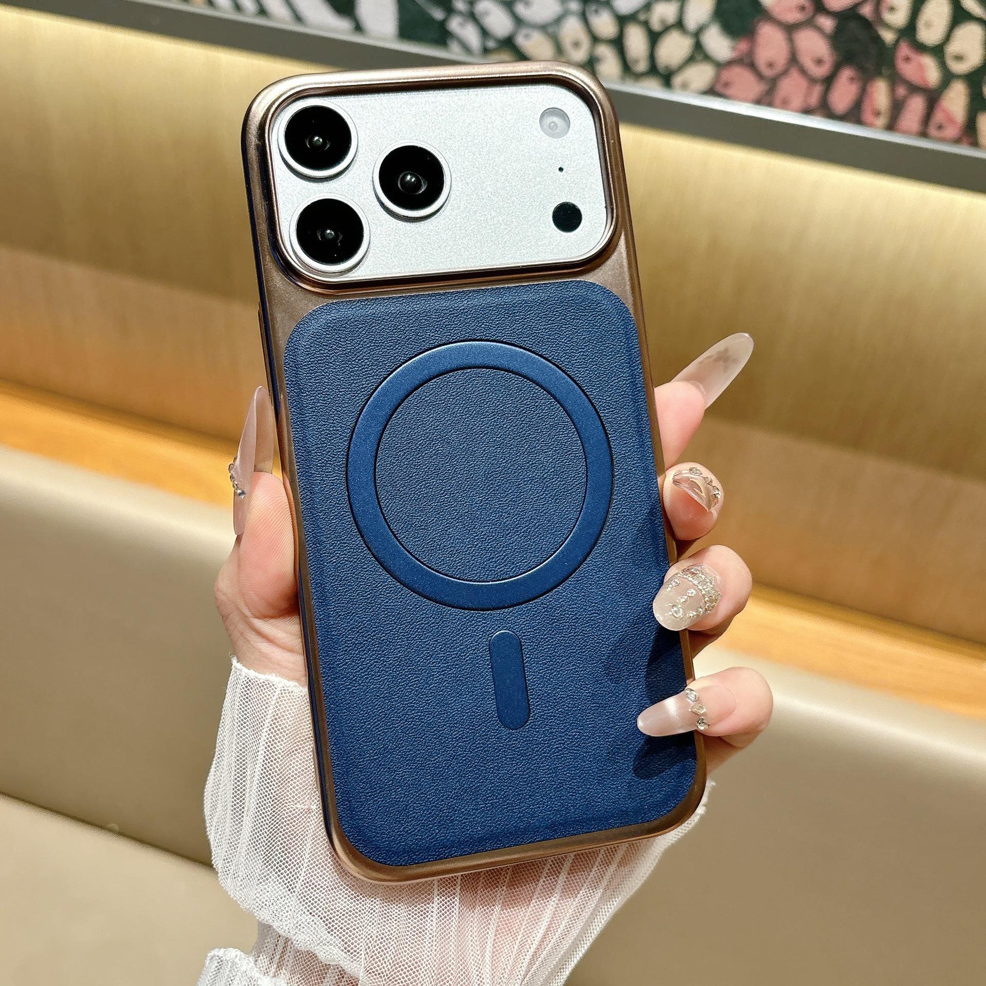 

Magnetic Gold Ring Leather Texture Case for iPhone 17, Drop-proof Protective Electroplated Cover for Apple 16 Pro Max 16 Pro Max