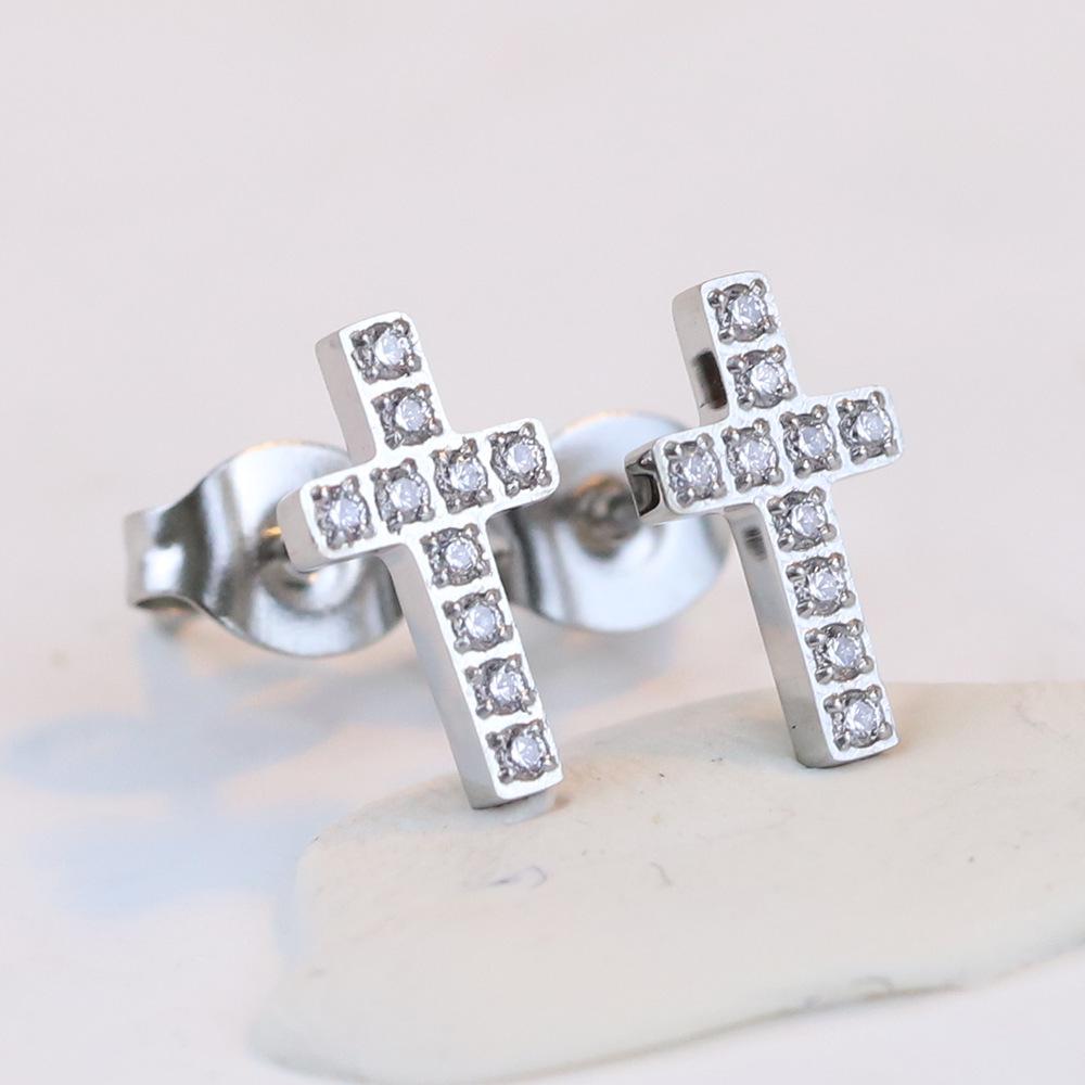 Stylish 6MM Stainless Steel Zircon Cross Earrings