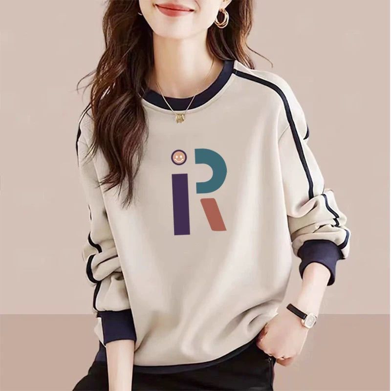 Sonbahar Kış Yuvarlak Yaka Günlük Moda Baskılı Sweatshirt Kadın Yama İşlemeli Her Şeyle Uyumlu Alt Giyime Uygun Kazak Üst
