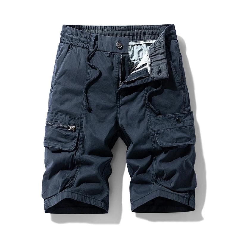 Summer Solid Cargo Shorts Men Loose Casual Cotton Multi Pocket Loose Knee Length Trousers Male Jogger Sports Zipper Fly Shorts
