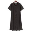Plus Size Women's Retro Style Summer Dark Blue V-neck Single Breasted Simple Mid-Length Short Sleeve Dress Women Dress