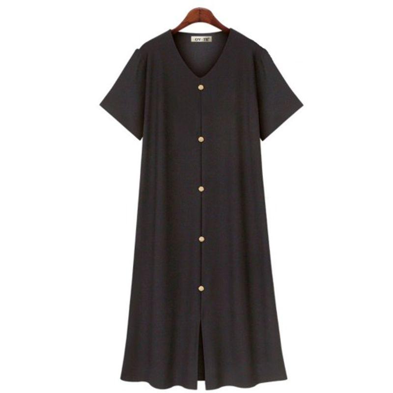 Plus Size Women's Retro Style Summer Dark Blue V-neck Single Breasted Simple Mid-Length Short Sleeve Dress Women Dress