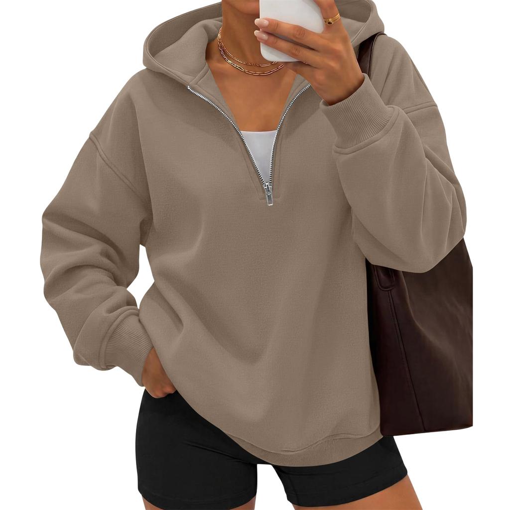 Women's casual fashionable long-sleeved hooded pullover with half-zip on the chest