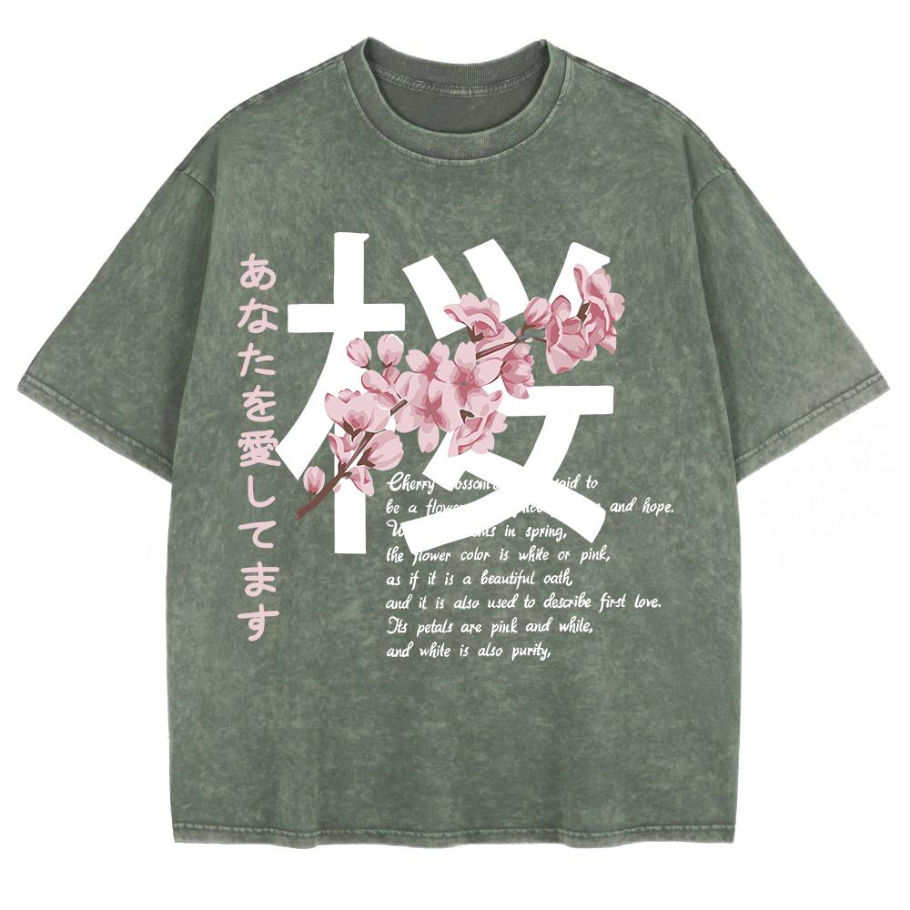 Japan Kirschblüten Aufdruck Gewaschene T-Shirts Herren Baumwolle Kurzarm Oberteile Sommer Rundhals Oversize T-Shirts Basic Kleidung