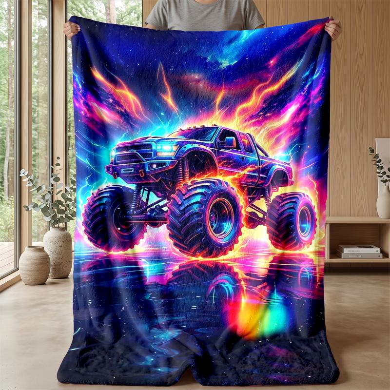 Neon Monster Truck Theme Blanket Lightweight Warm Flannel Blanket Decorative Throw Blanket for Home Decoration