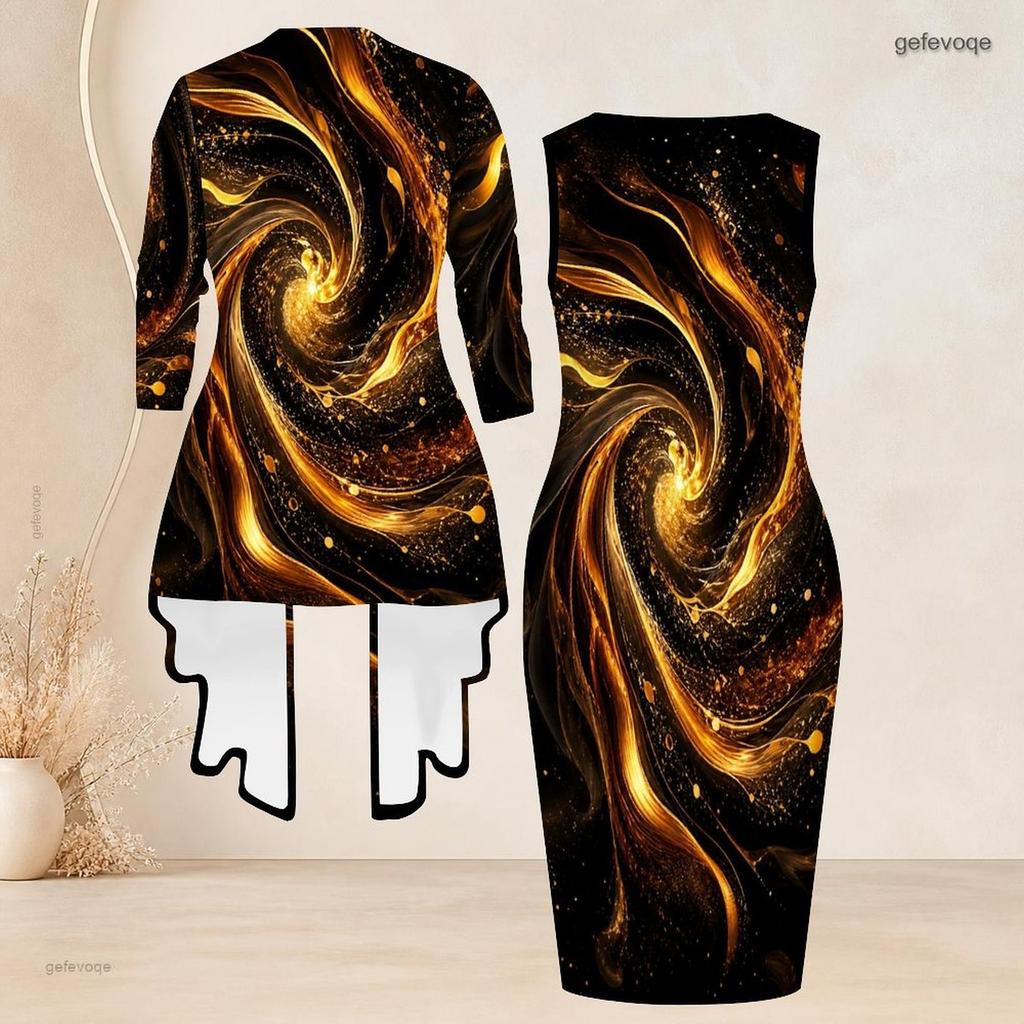 Women Plus Size Two Piece Set Sleeveless Bodycon Dress Long Sleeve Draped Cardigan Printed Black Teal Gold