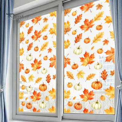 Removable Holiday Glass Stickers Watercolor Fall Static Window Clings Maple Leaf & Pumpkin Stickers Autumn Reusable Cling Film Decal for Thanksgiving