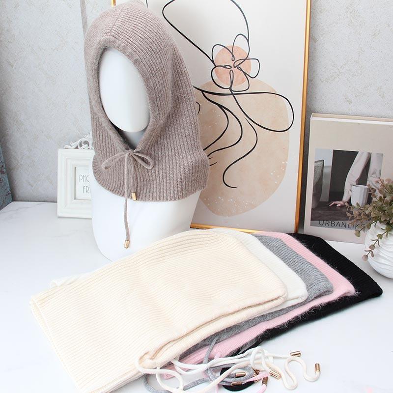 Rabbit Fur Knitted Balaclava Hat Women's Winter Integrated Neck Guard Hat Drawstring Warm Hooded Scarf European and American Cold Hat
