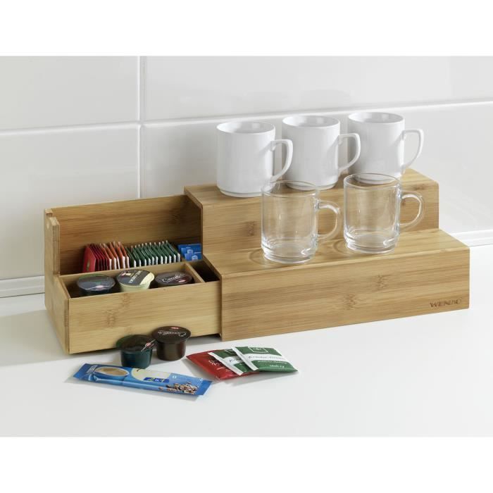 Rangement - bambou - escalier à deux étages - tiroir télescopique - organiseur de cuisine - beige